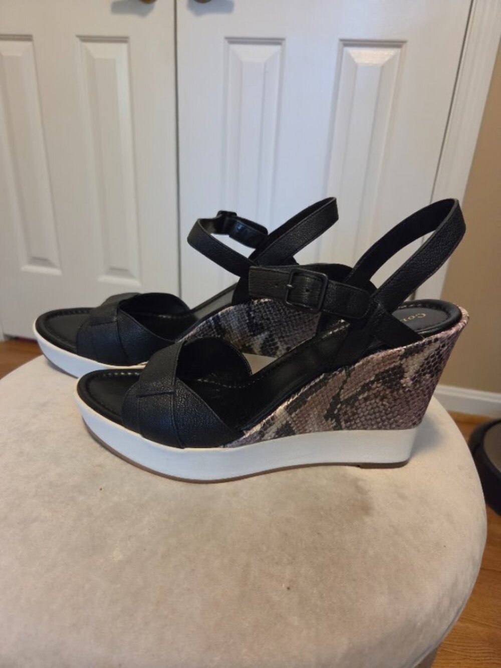 Cole Haan Paley High Wedge Sandals D40148 Black Leather Snakeskin Nike Air 10.5B